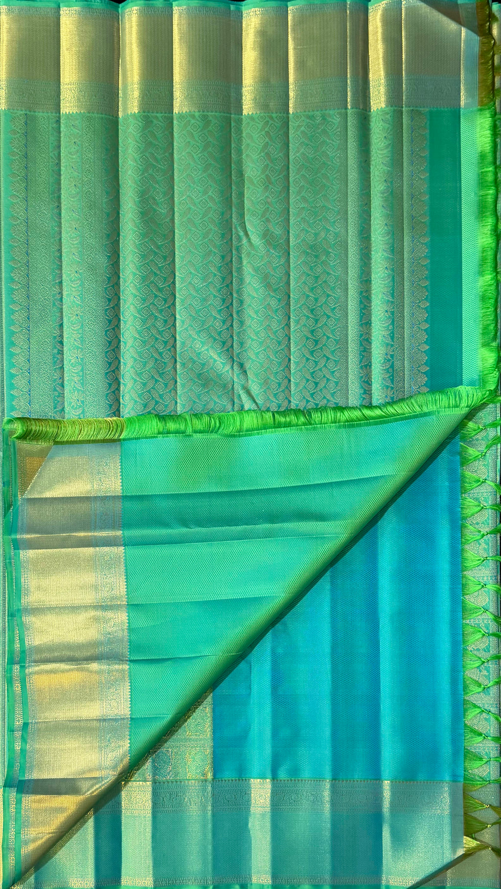 Parrot Green Kanchipuram Silk Saree with Teal & Gold Zari Motifs