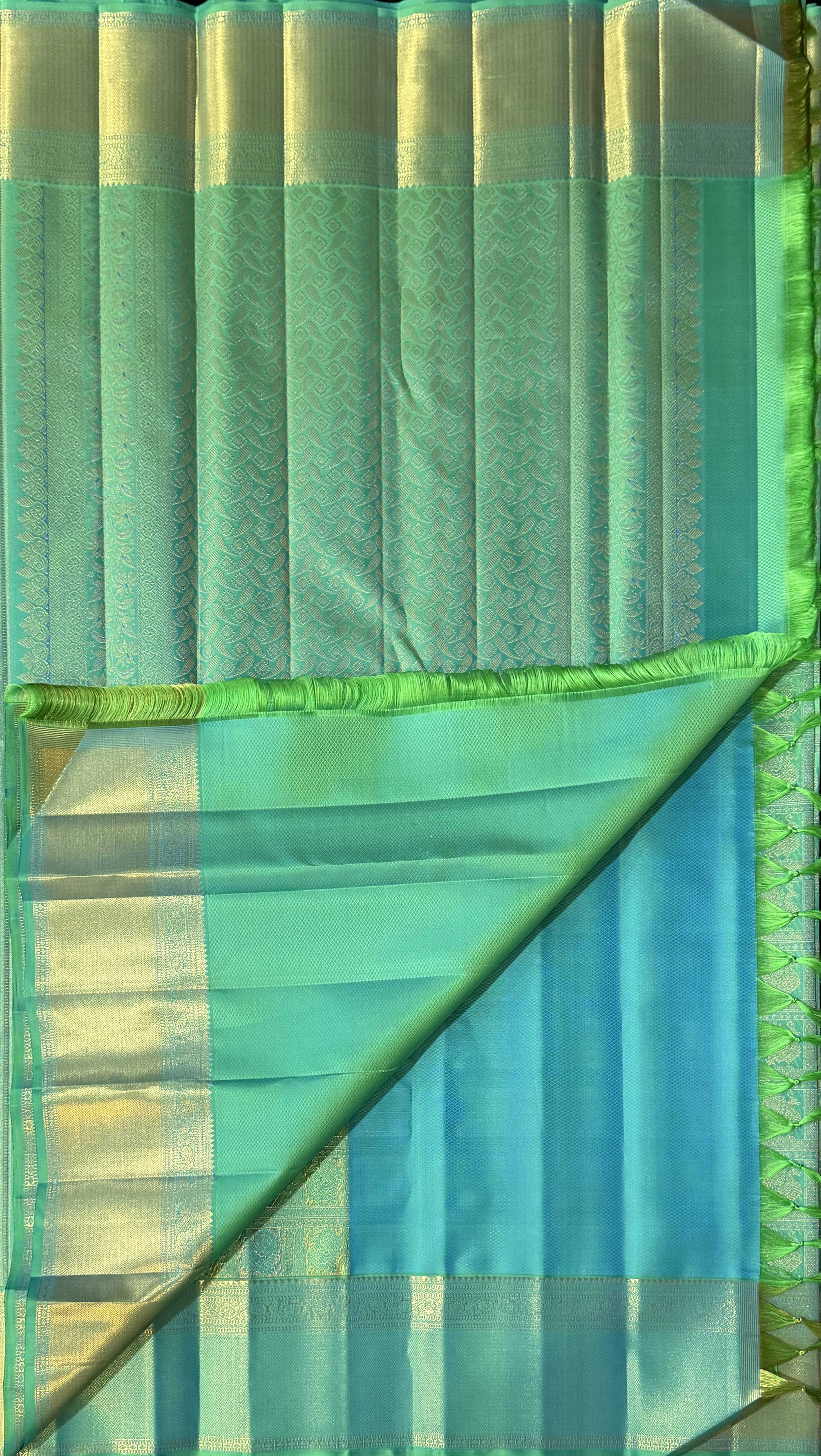 Parrot Green Kanchipuram Silk Saree with Teal & Gold Zari Motifs