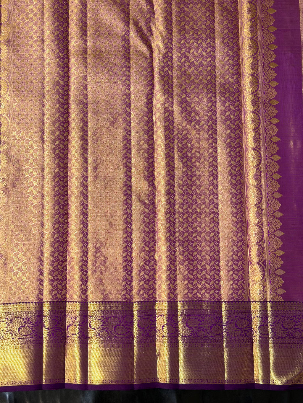 Soft Peach Korvai Kanchipuram Silk Saree with Contrast Purple Zari Border