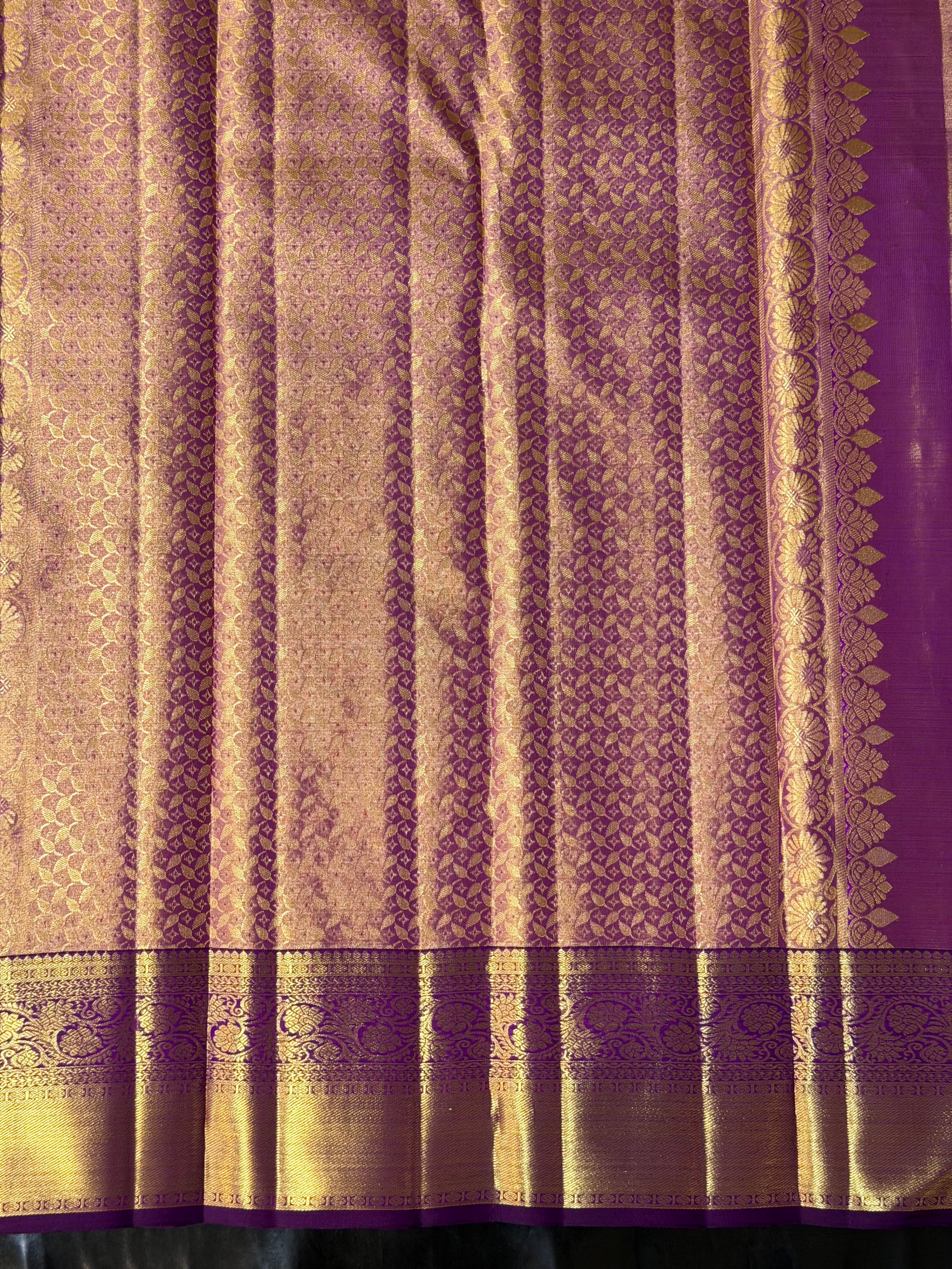 Soft Peach Korvai Kanchipuram Silk Saree with Contrast Purple Zari Border