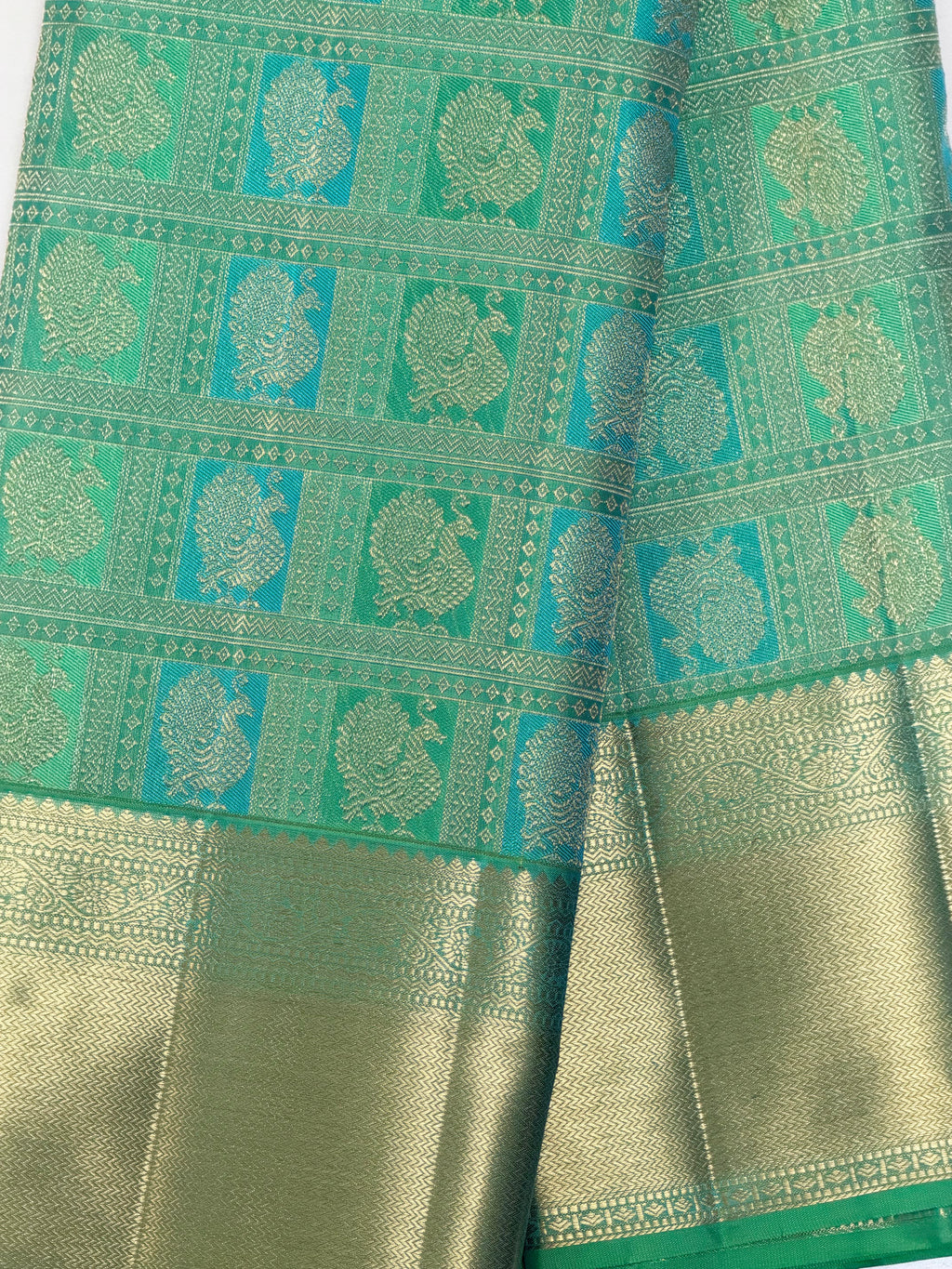 Parrot Green Kanchipuram Silk Saree with Teal & Gold Zari Motifs
