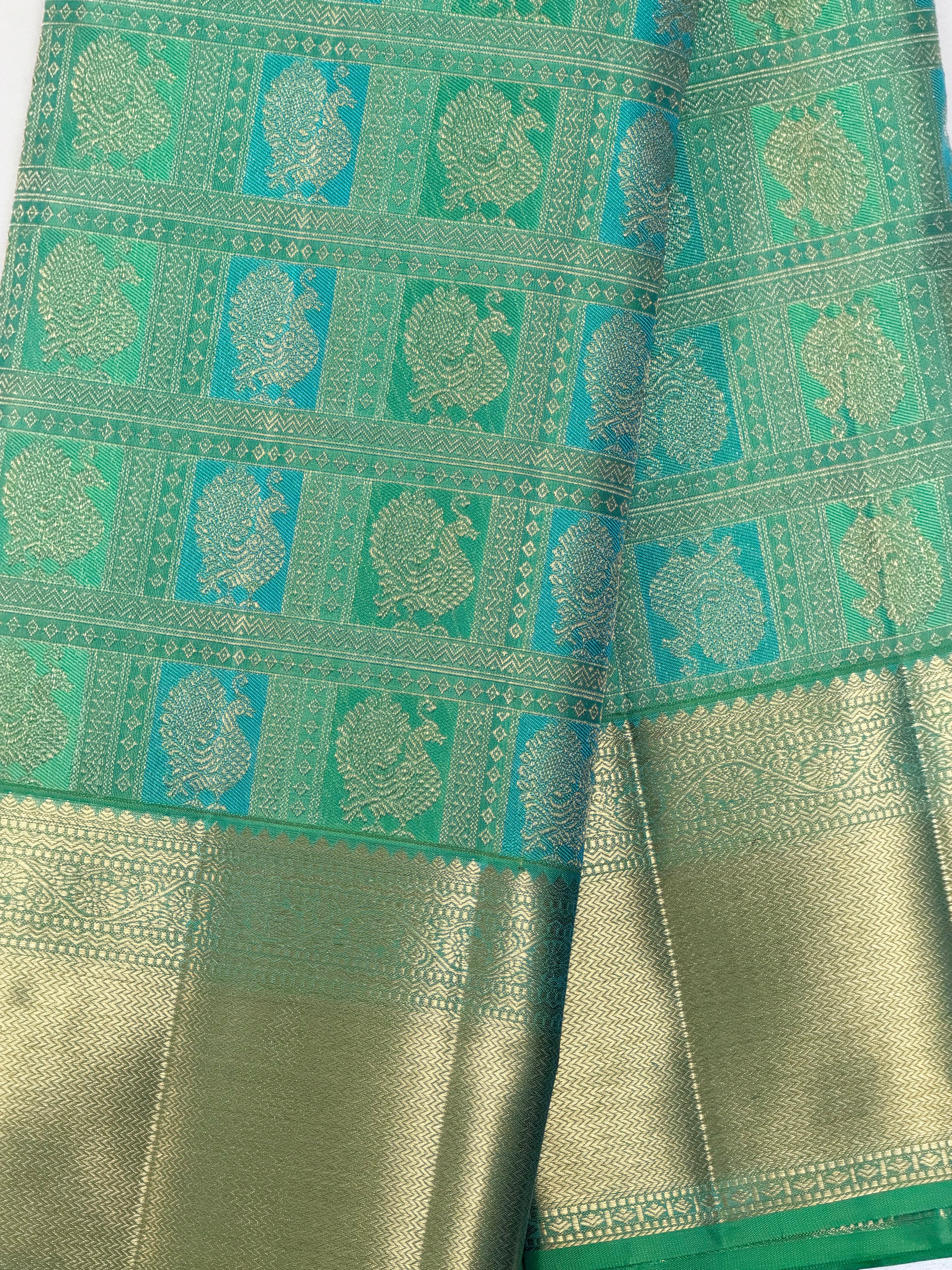 Parrot Green Kanchipuram Silk Saree with Teal & Gold Zari Motifs