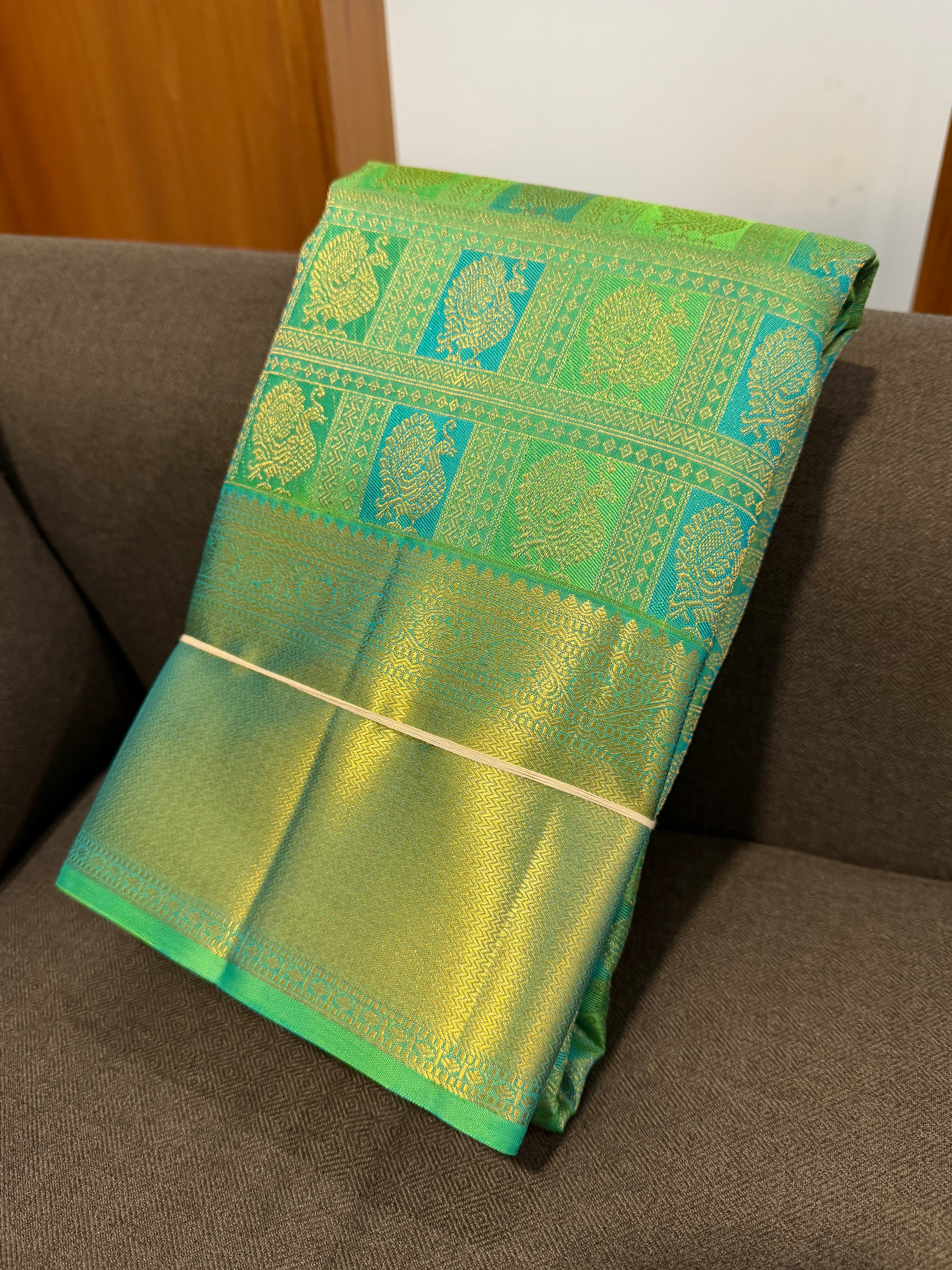 Parrot Green Kanchipuram Silk Saree with Teal & Gold Zari Motifs