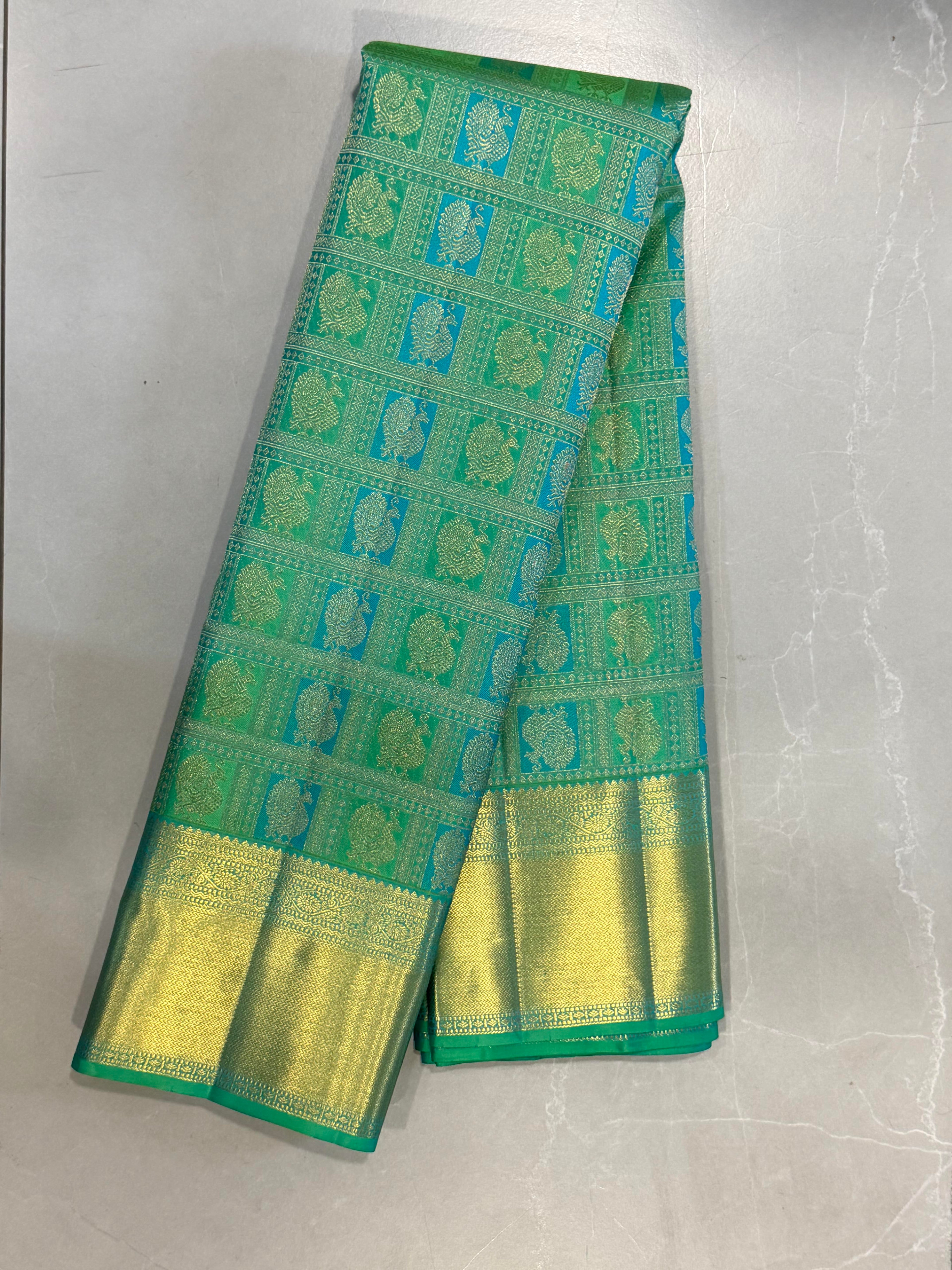 Parrot Green Kanchipuram Silk Saree with Teal & Gold Zari Motifs