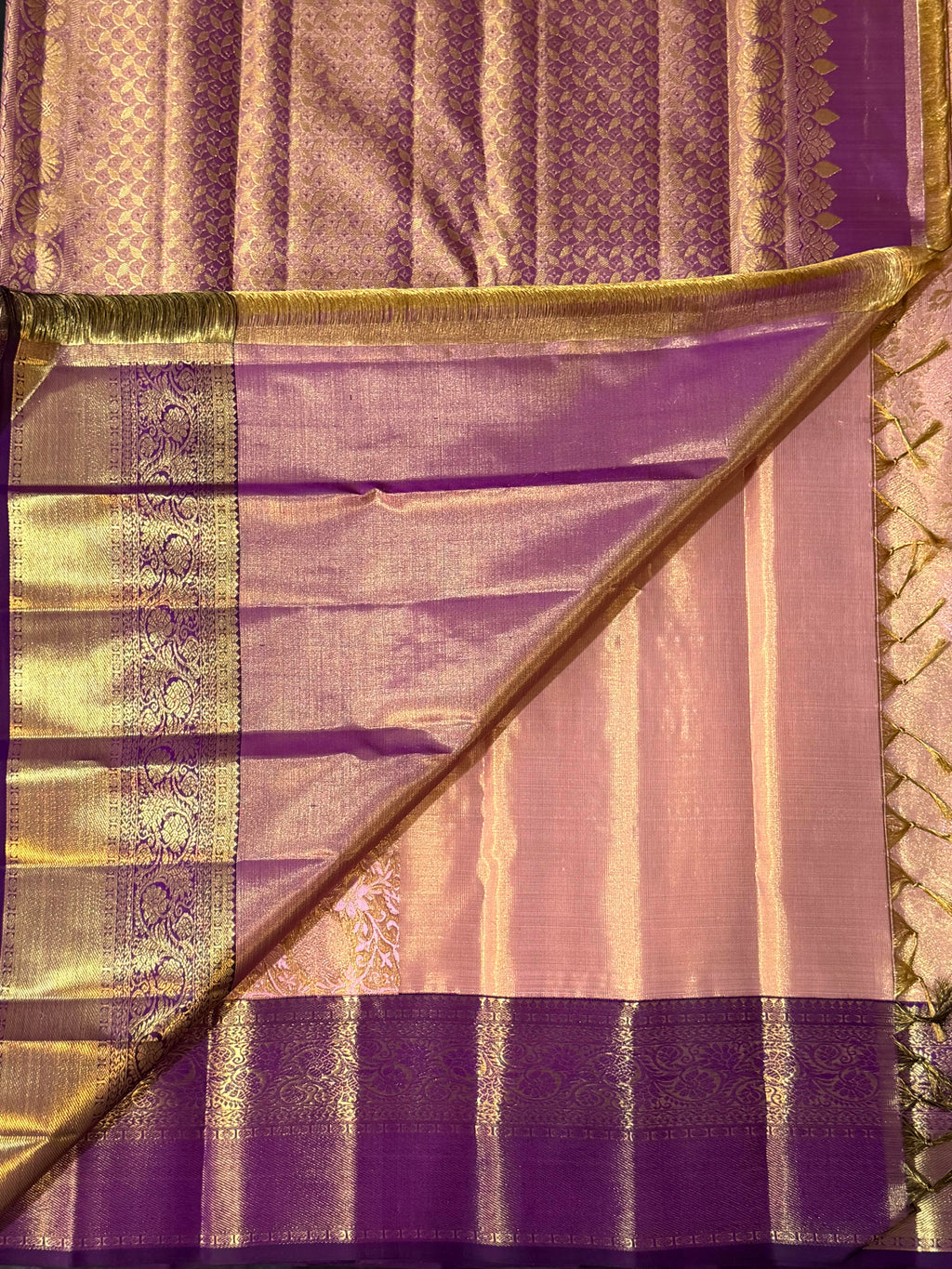 Soft Peach Korvai Kanchipuram Silk Saree with Contrast Purple Zari Border