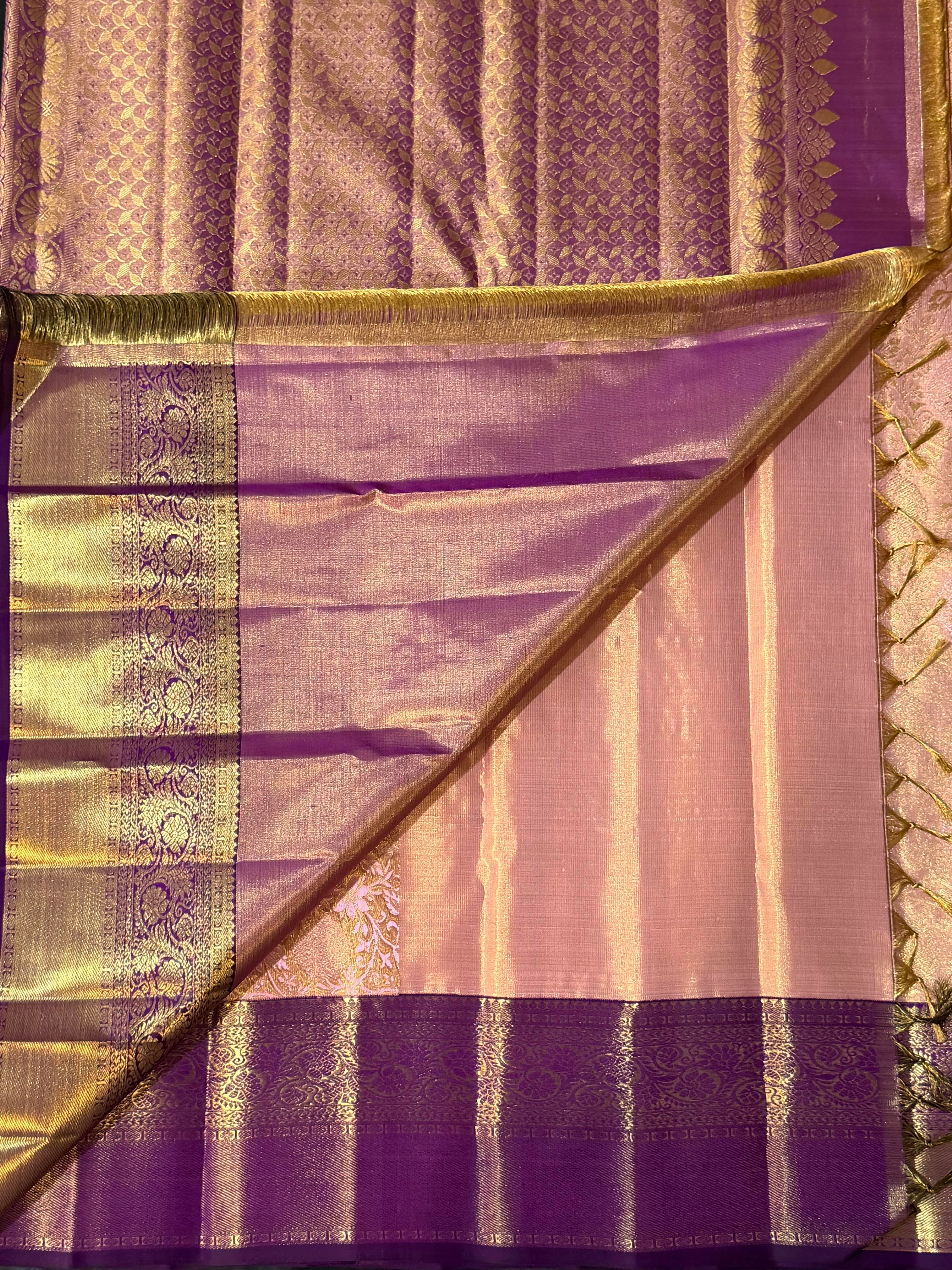 Soft Peach Korvai Kanchipuram Silk Saree with Contrast Purple Zari Border