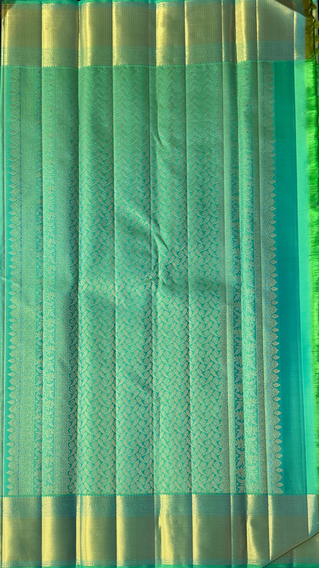 Parrot Green Kanchipuram Silk Saree with Teal & Gold Zari Motifs