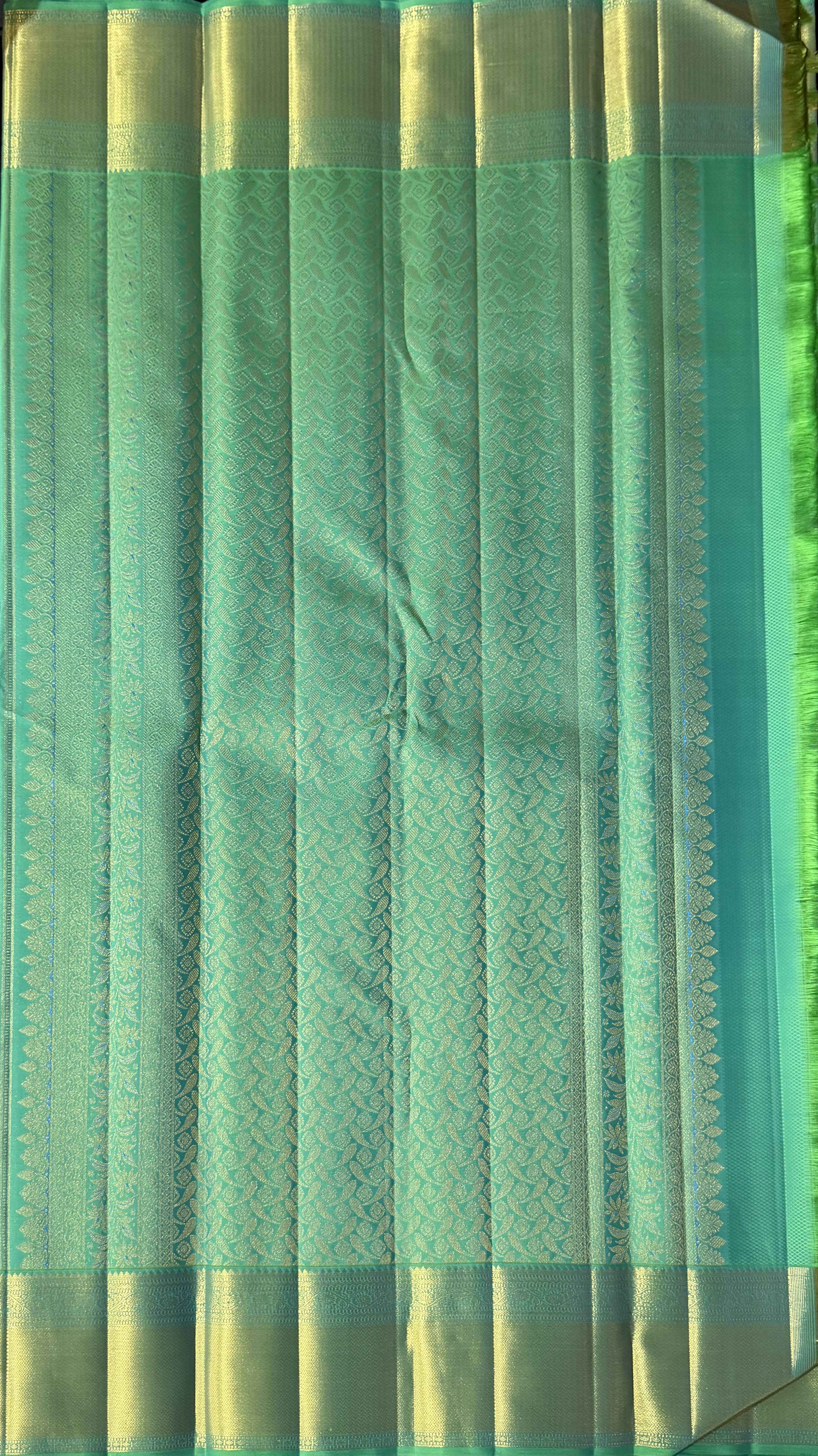 Parrot Green Kanchipuram Silk Saree with Teal & Gold Zari Motifs