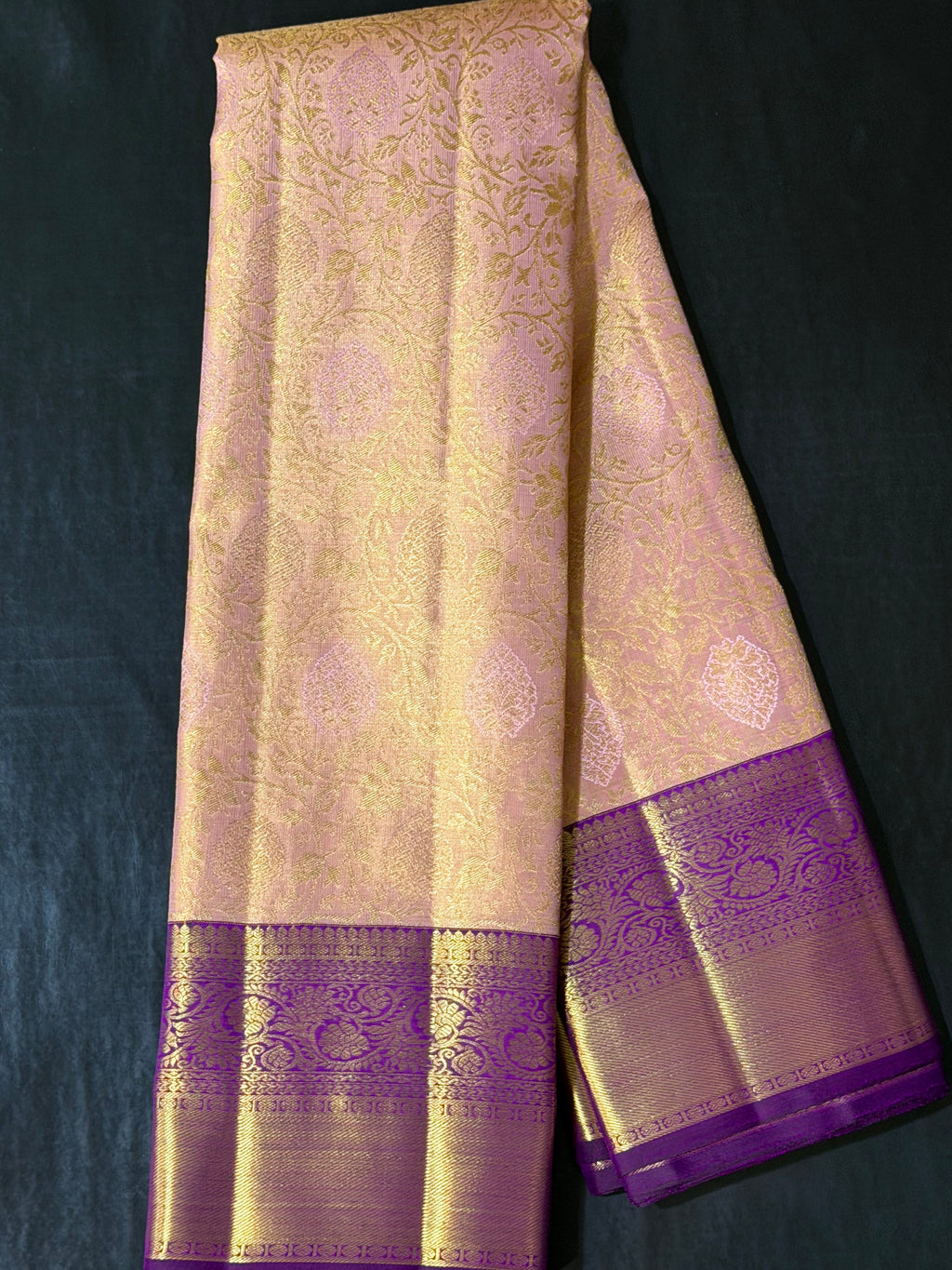 Soft Peach Korvai Kanchipuram Silk Saree with Contrast Purple Zari Border