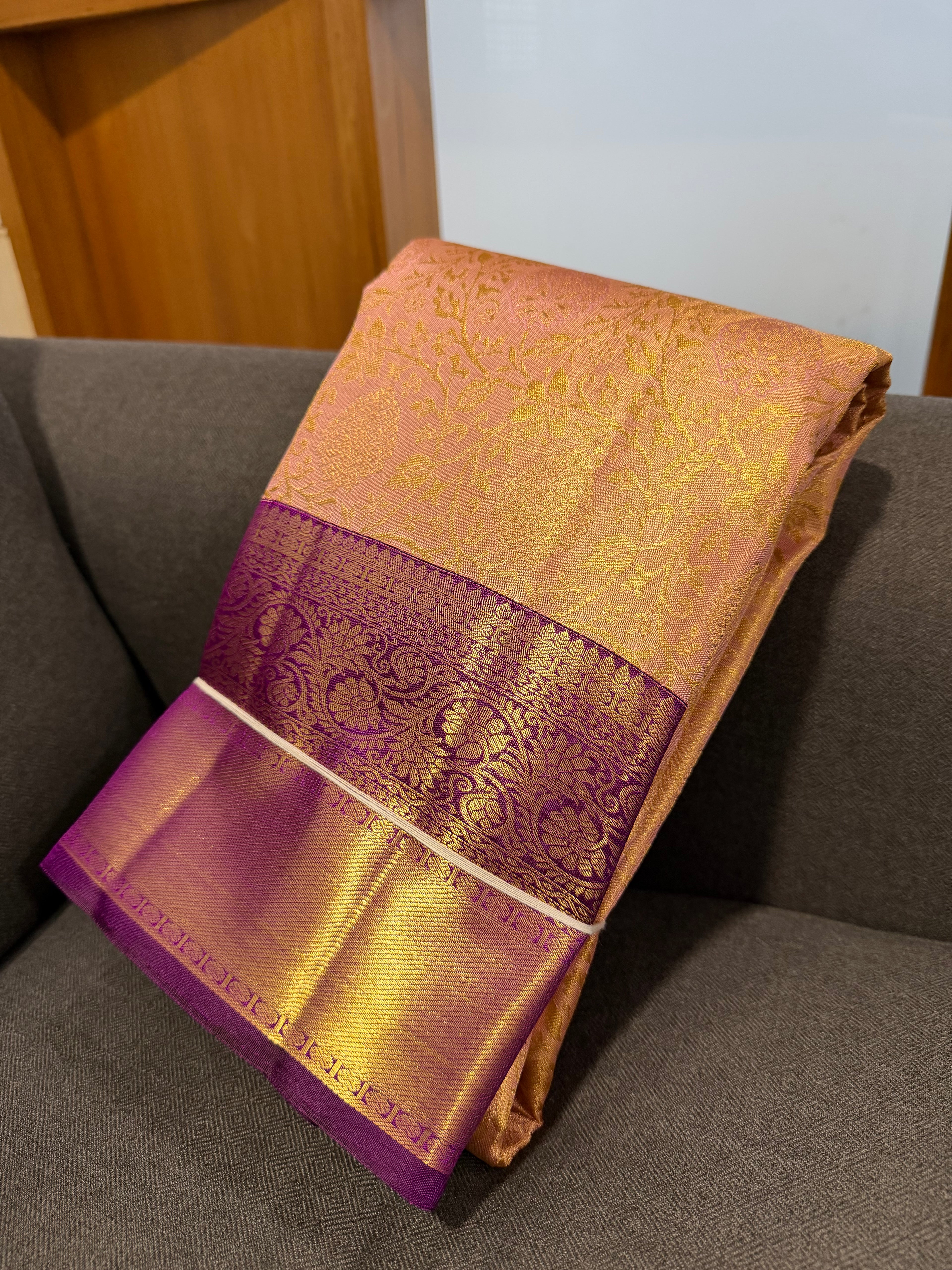 Soft Peach Korvai Kanchipuram Silk Saree with Contrast Purple Zari Border
