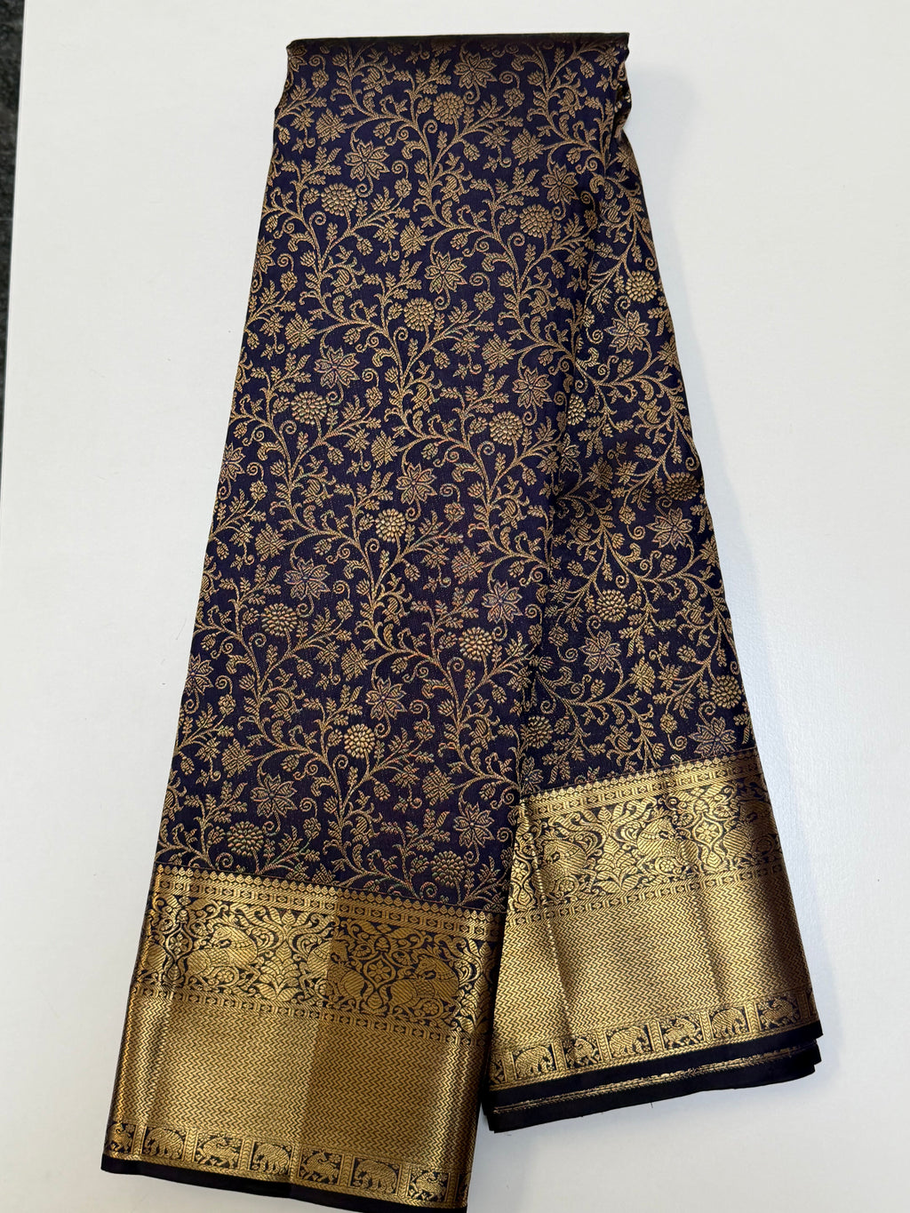 Royal Navy Blue Kanchipuram Silk Saree with Gold Floral Zari