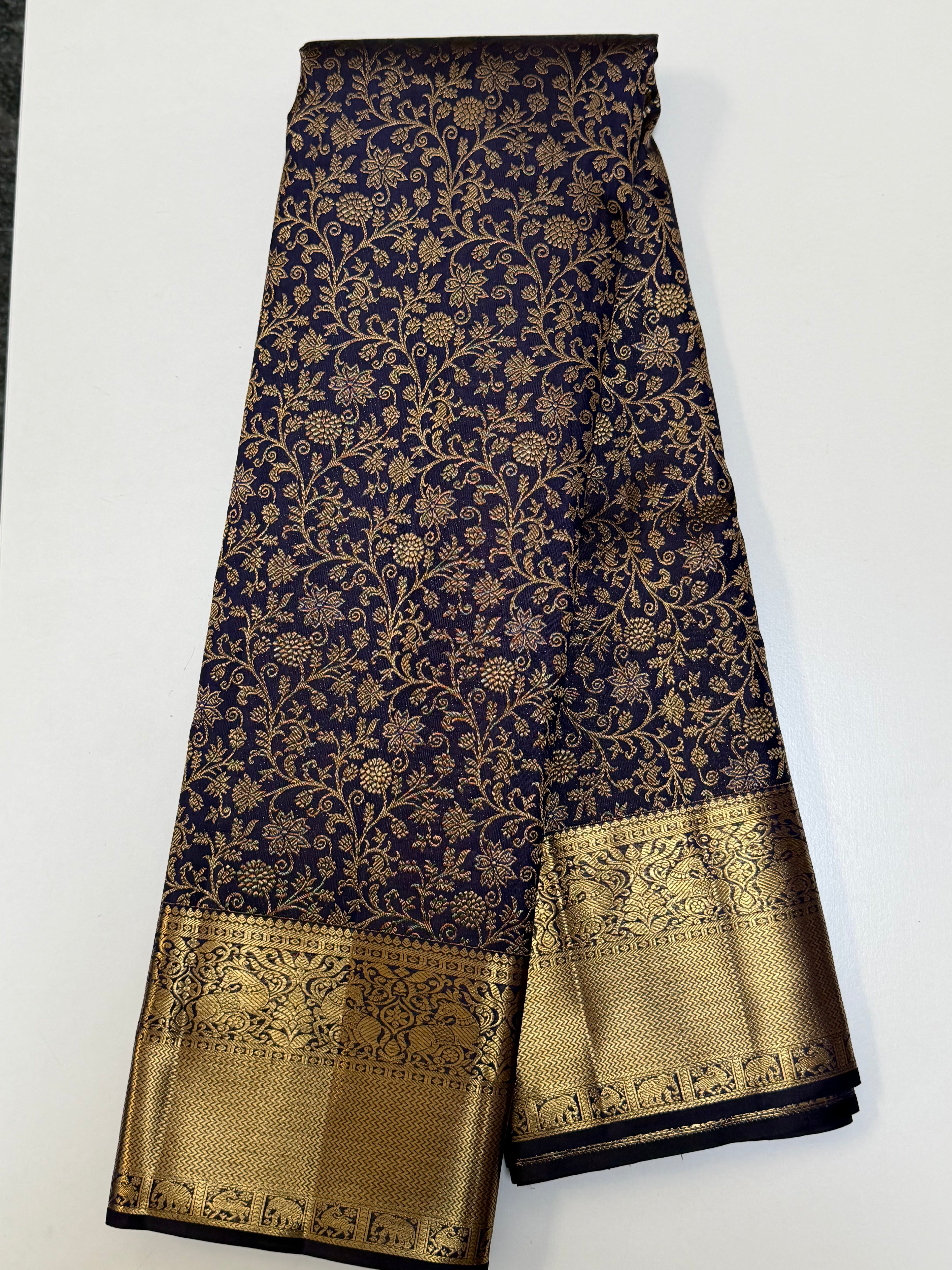 Royal Navy Blue Kanchipuram Silk Saree with Gold Floral Zari