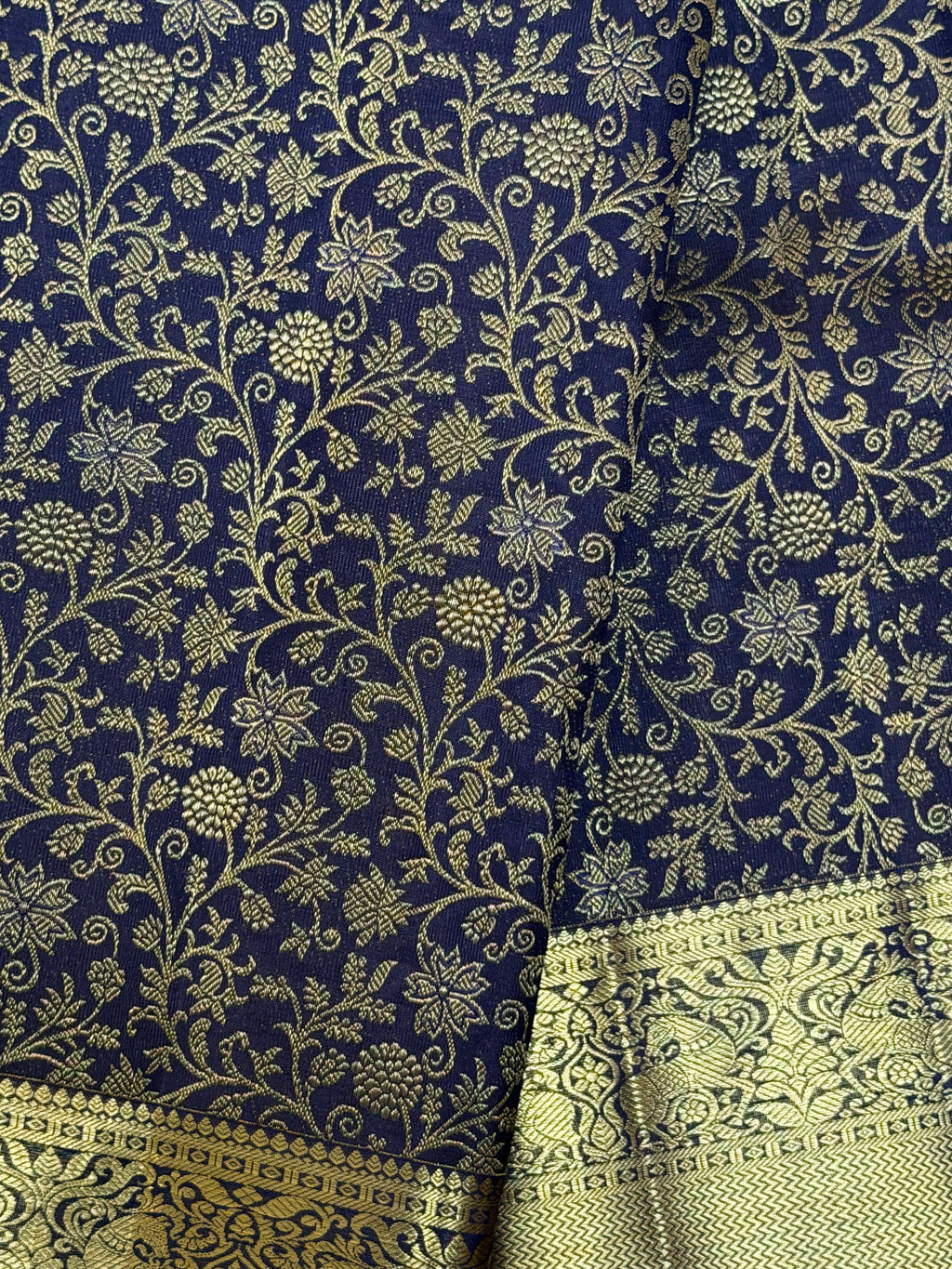 Royal Navy Blue Kanchipuram Silk Saree with Gold Floral Zari