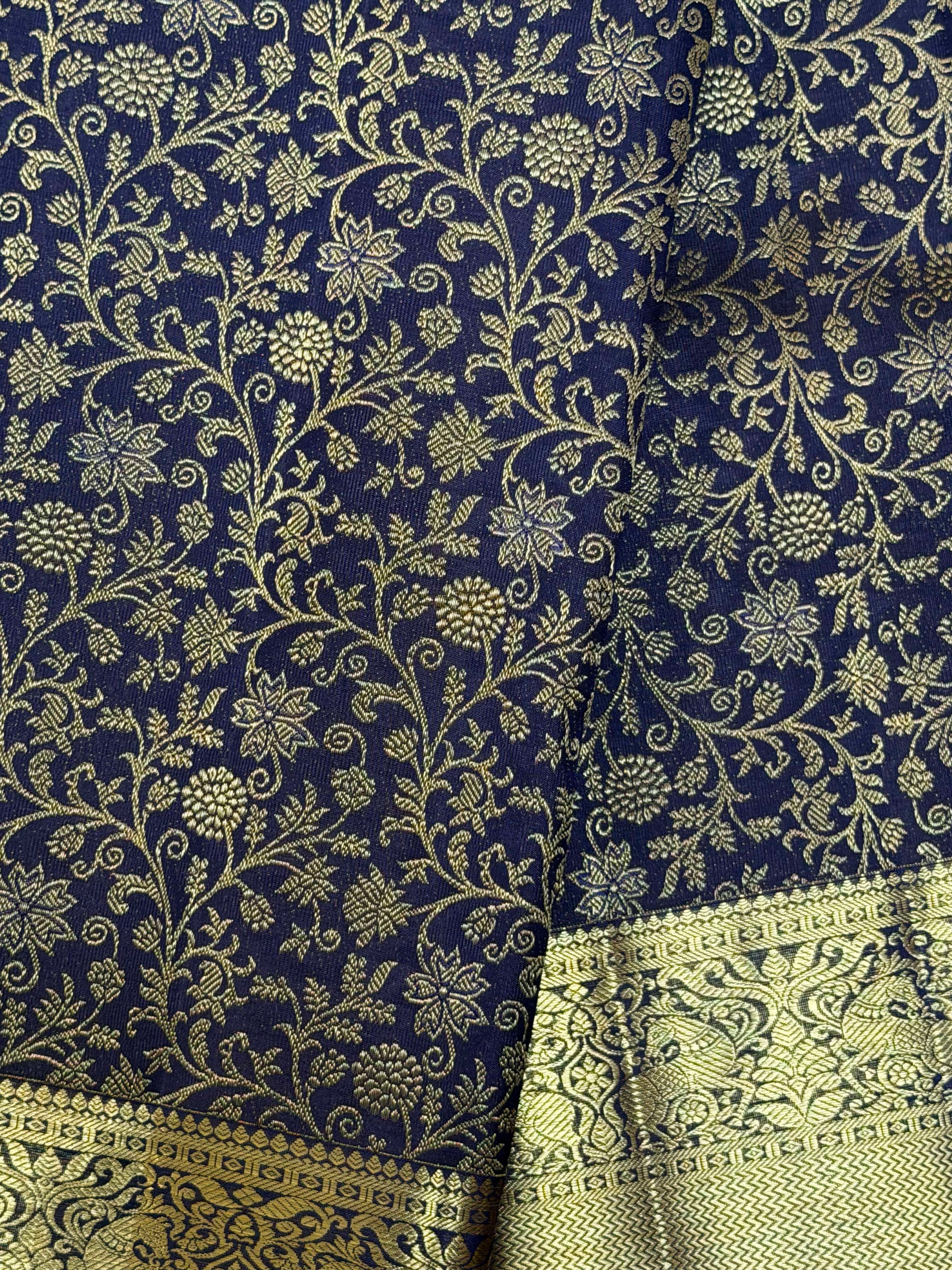 Royal Navy Blue Kanchipuram Silk Saree with Gold Floral Zari