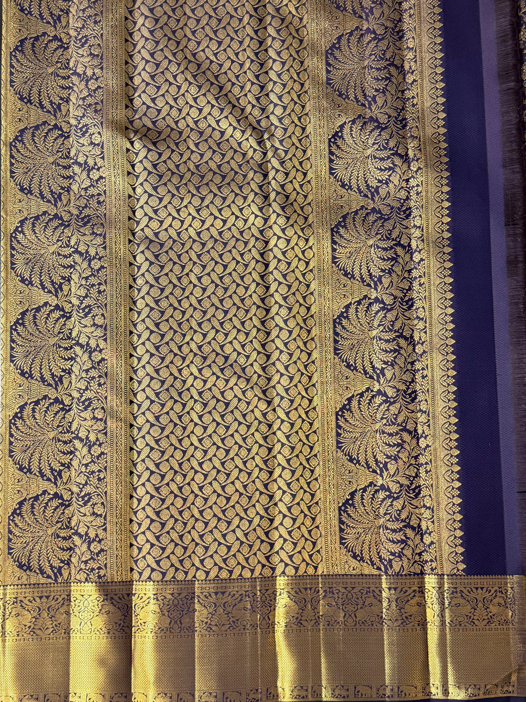 Royal Navy Blue Kanchipuram Silk Saree with Gold Floral Zari