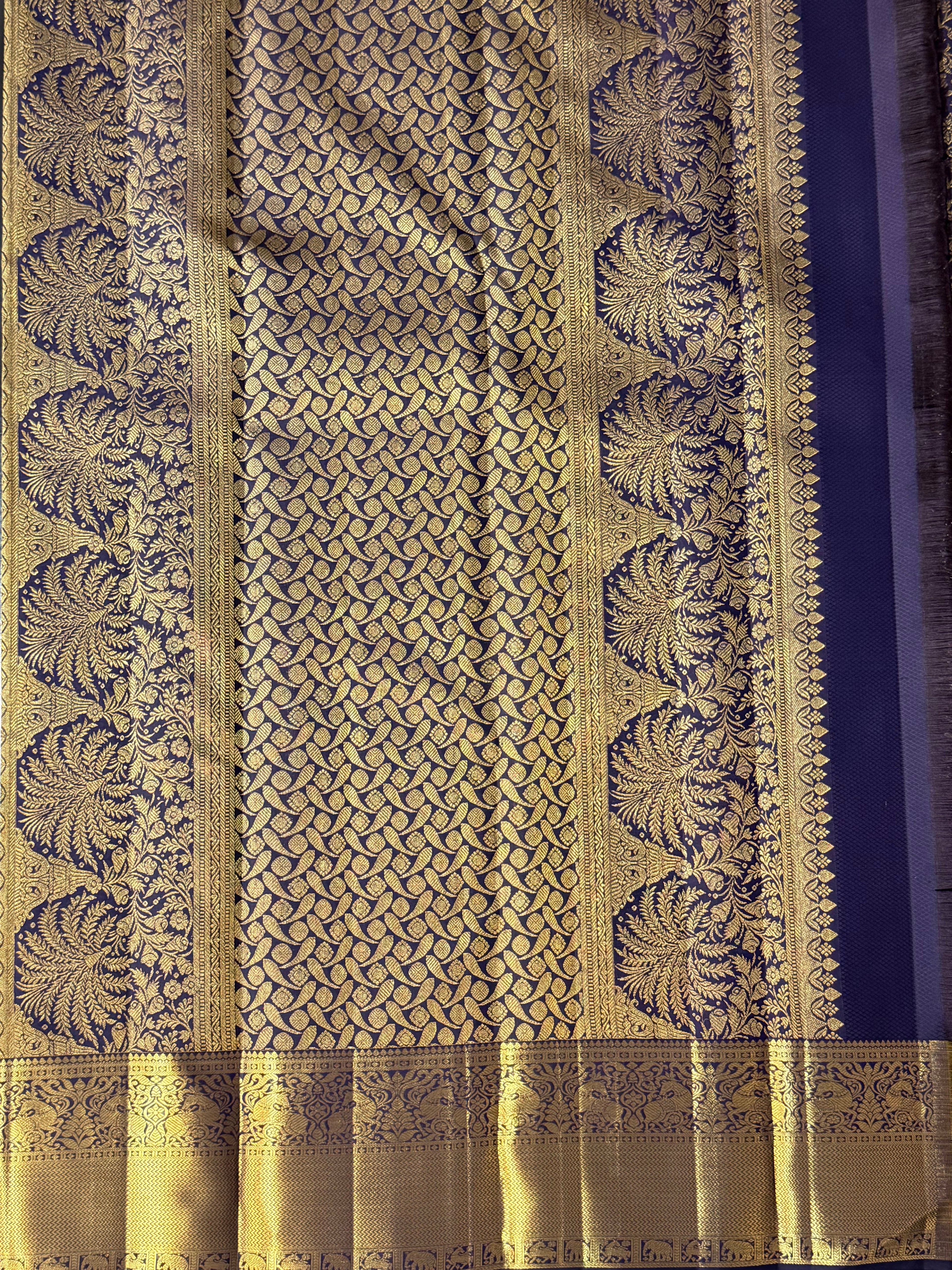 Royal Navy Blue Kanchipuram Silk Saree with Gold Floral Zari
