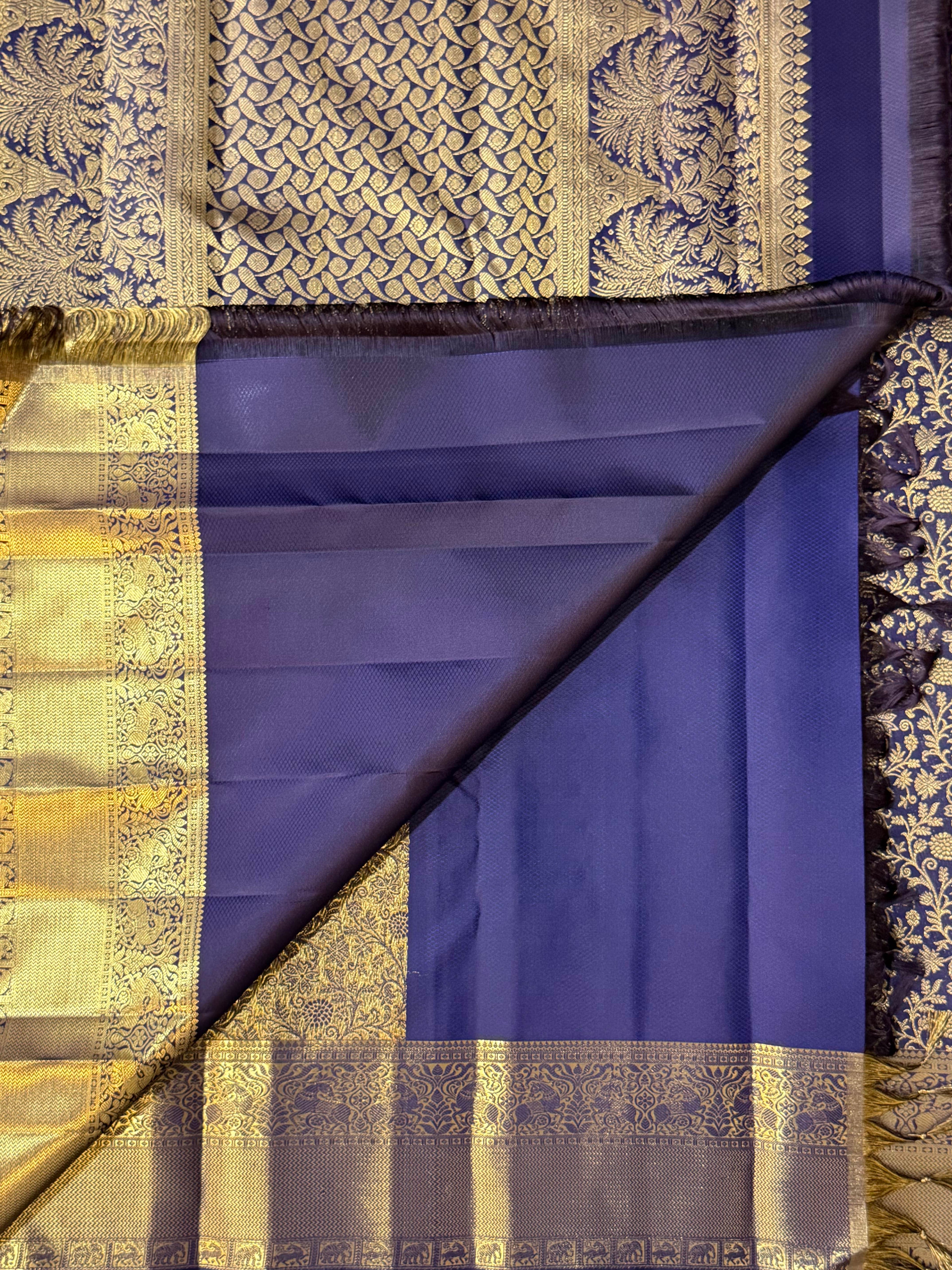 Royal Navy Blue Kanchipuram Silk Saree with Gold Floral Zari