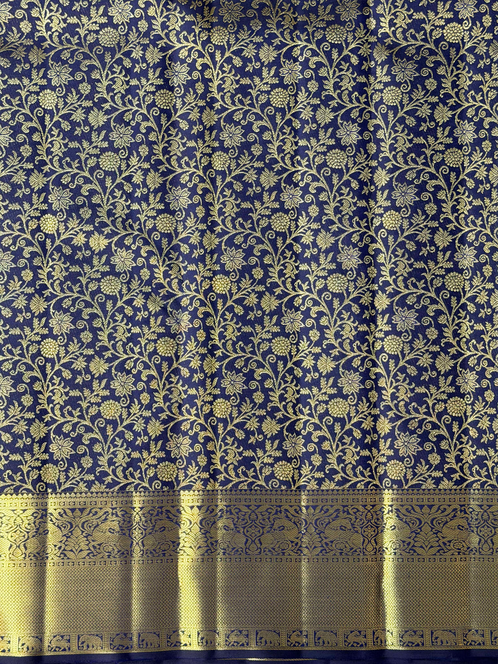 Royal Navy Blue Kanchipuram Silk Saree with Gold Floral Zari