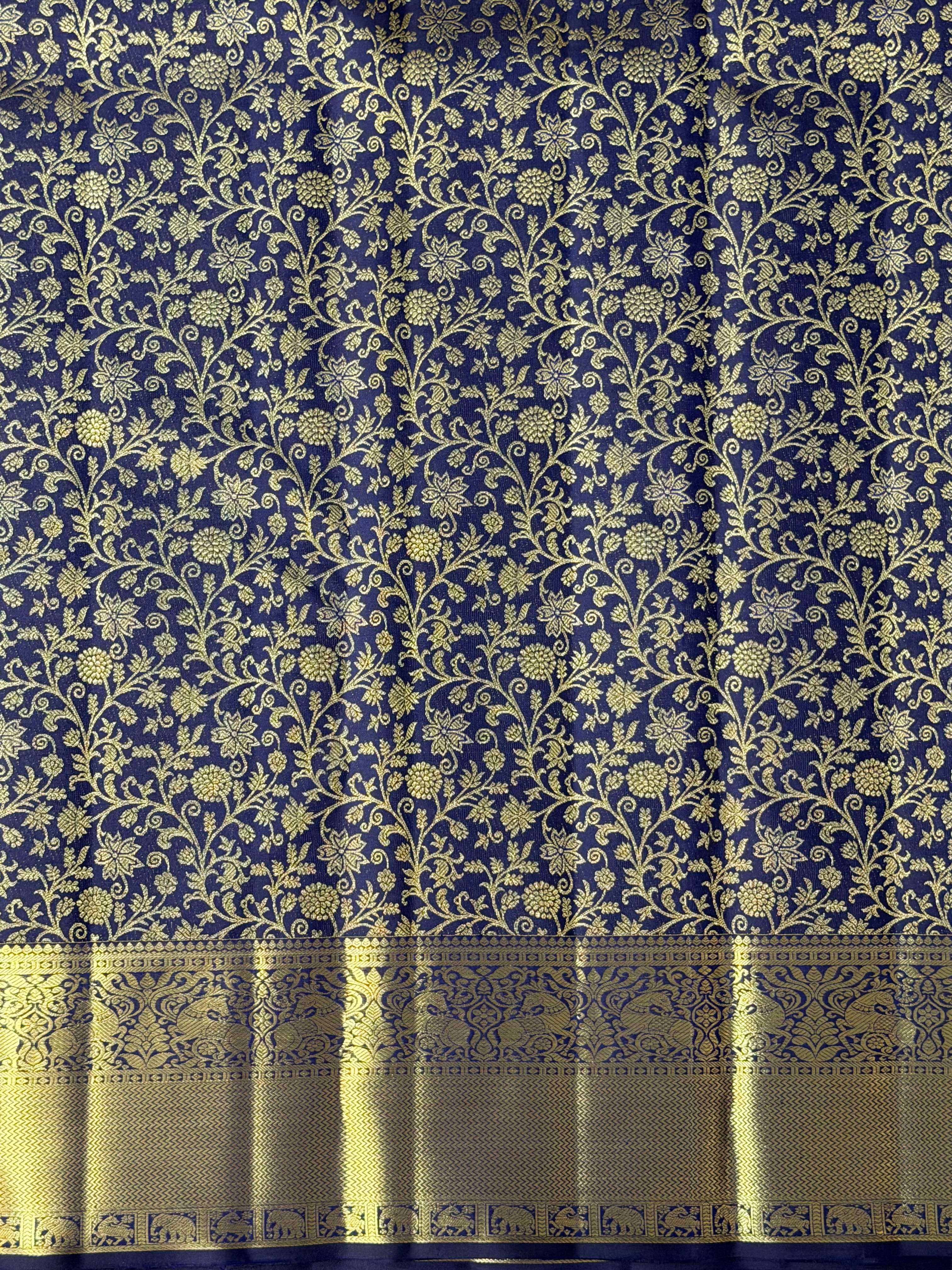 Royal Navy Blue Kanchipuram Silk Saree with Gold Floral Zari
