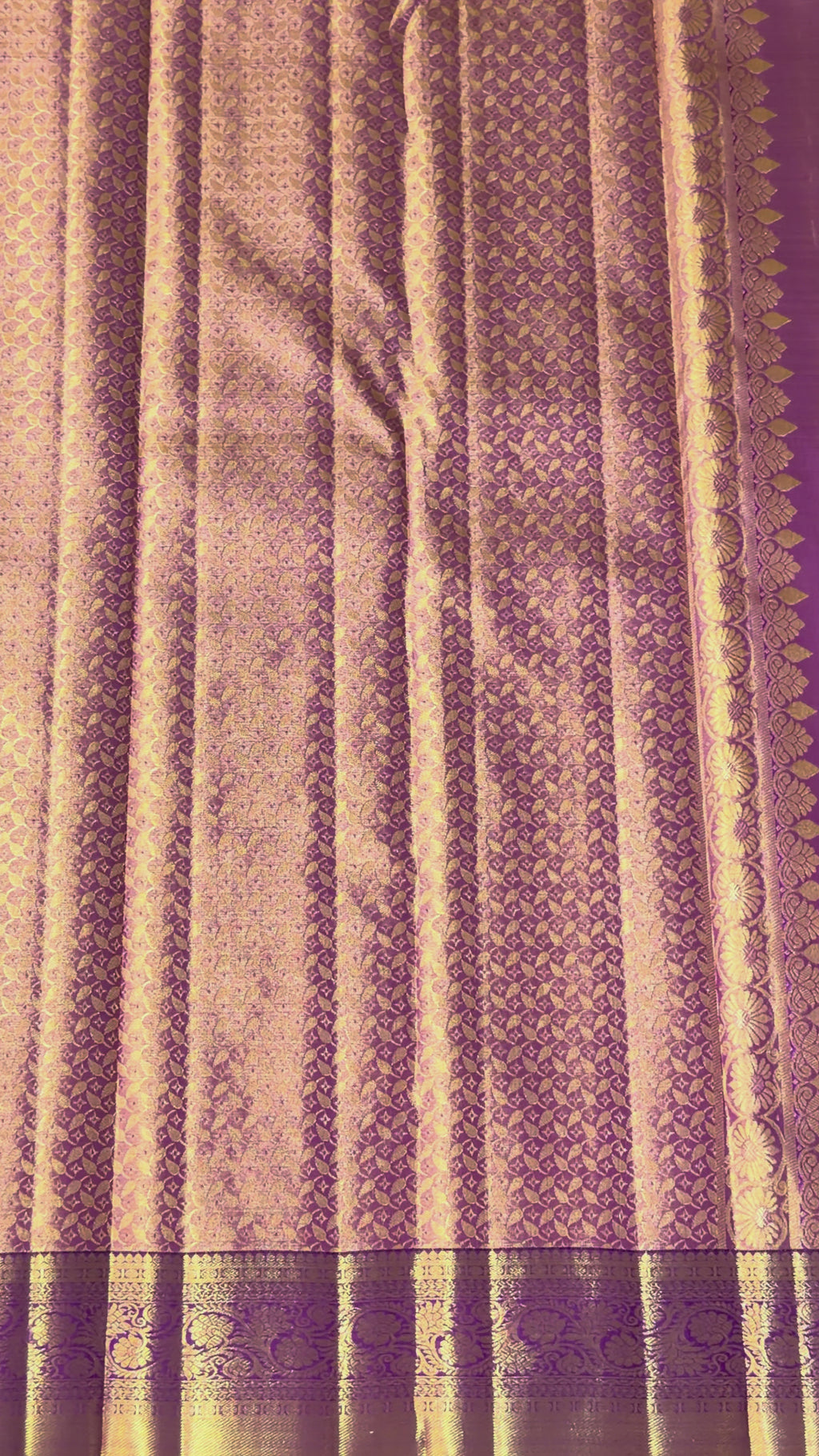 Soft Peach Korvai Kanchipuram Silk Saree with Contrast Purple Zari Border