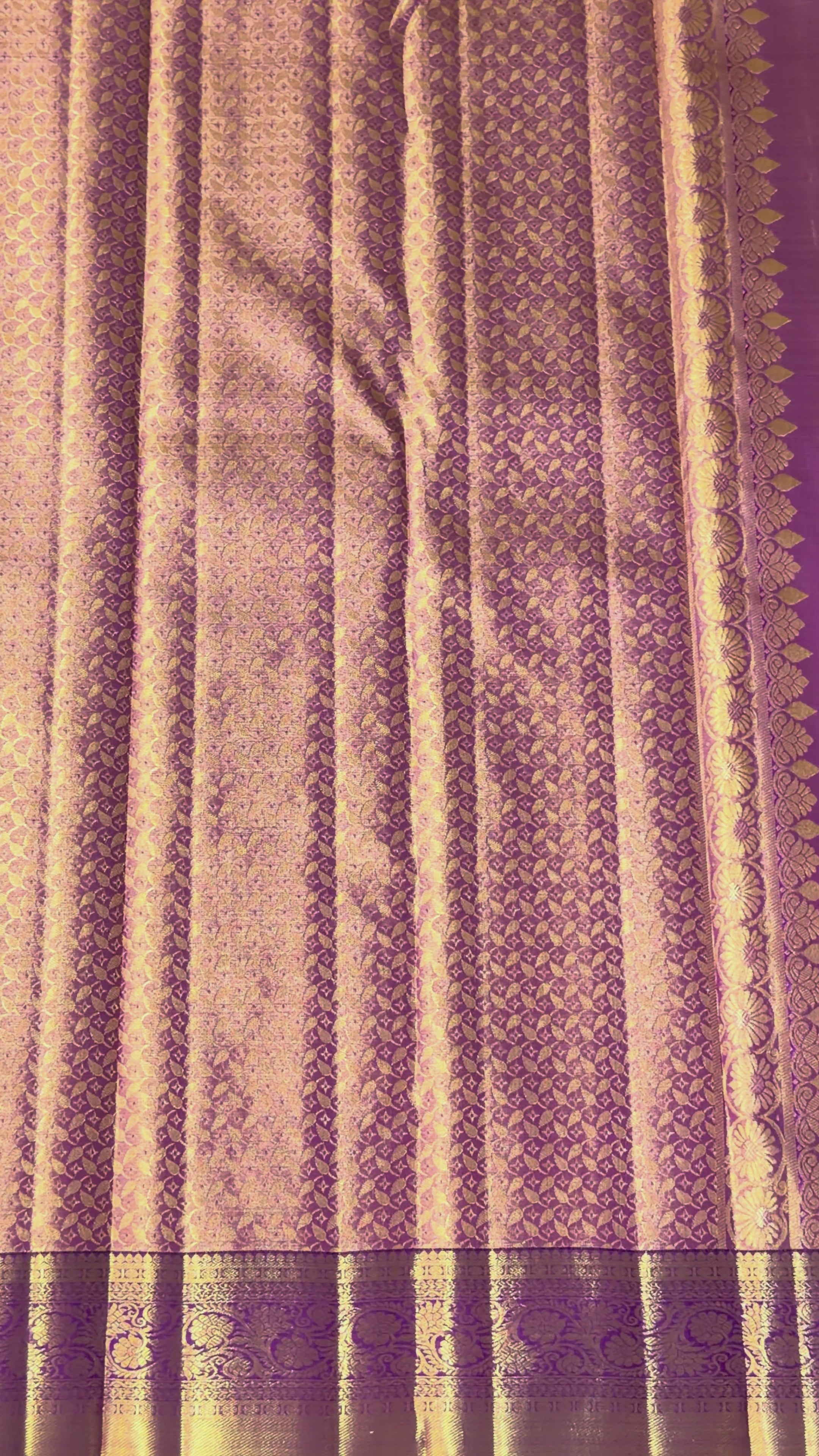 Soft Peach Korvai Kanchipuram Silk Saree with Contrast Purple Zari Border